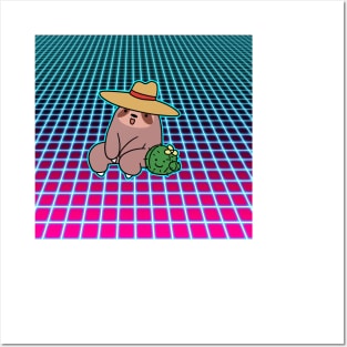 Cowboy Sloth and Cactus Vaporwave Grid Posters and Art